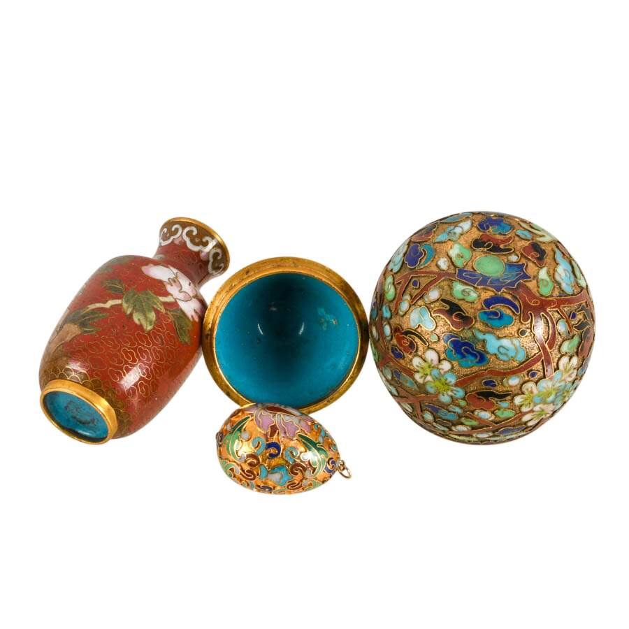3-Piece Chinese Cloisonné Lovers Set: Pear Box Candle, Vase, & Egg Pendant-6