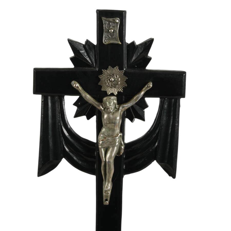 Antique Black Forest Carved Wood Standing Altar Cross-4