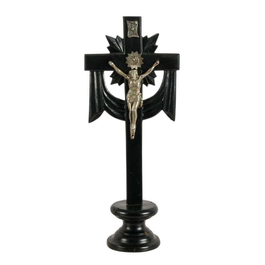 Antique Black Forest Carved Wood Standing Altar Cross-1