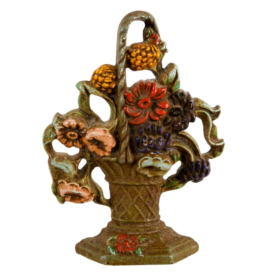 Antique Painted Iron Basket of Dahlias Doorstop-1
