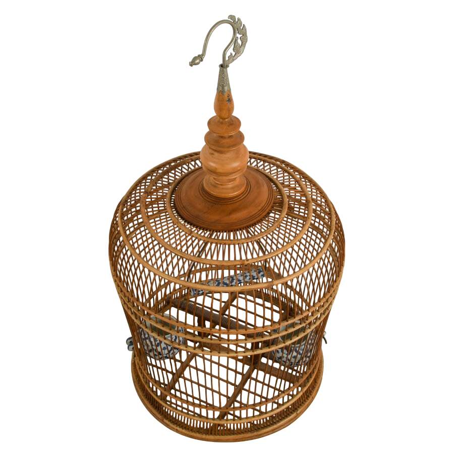 Maitland-Smith Style Rattan Birdcage with Blue and White Porcelain Accents-6