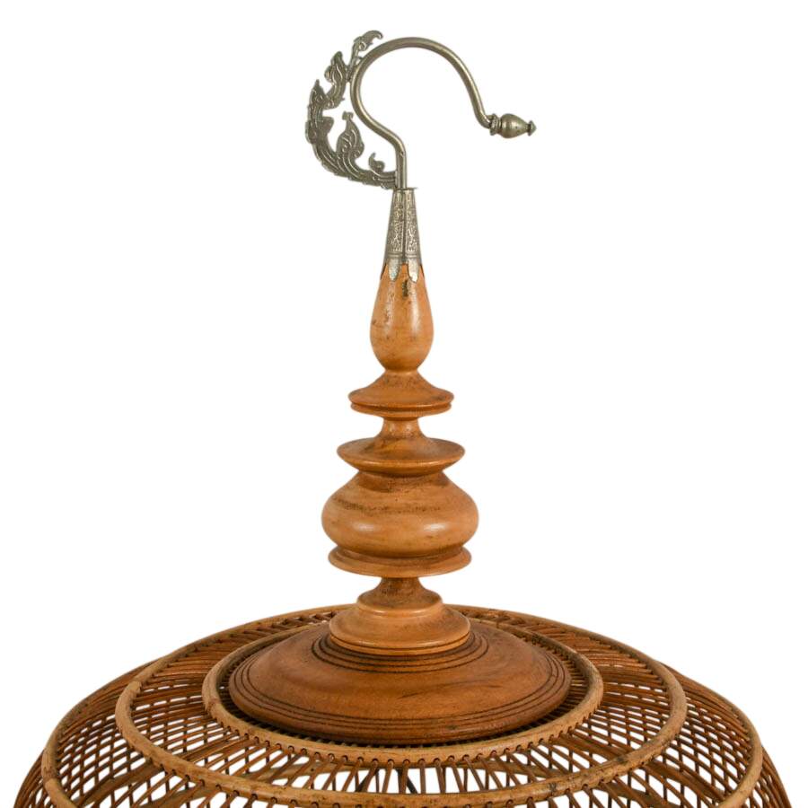 Maitland-Smith Style Rattan Birdcage with Blue and White Porcelain Accents-4