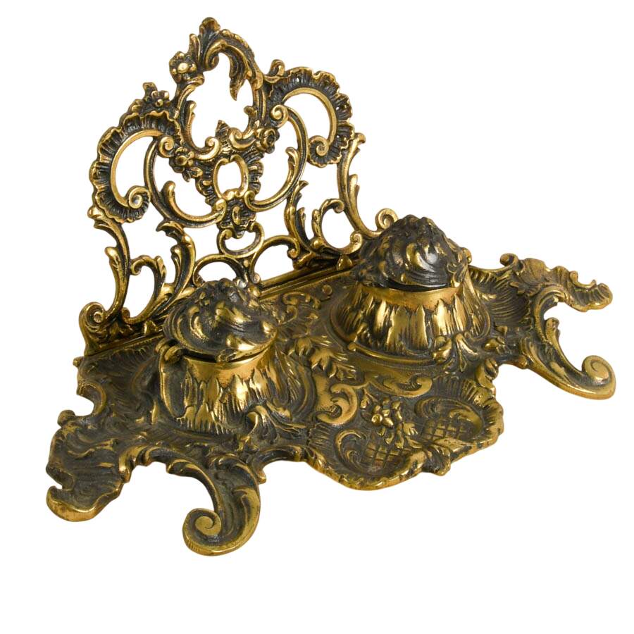 Antique Art Nouveau Coseley Brass Foundry Cast Brass Double Inkwell-4