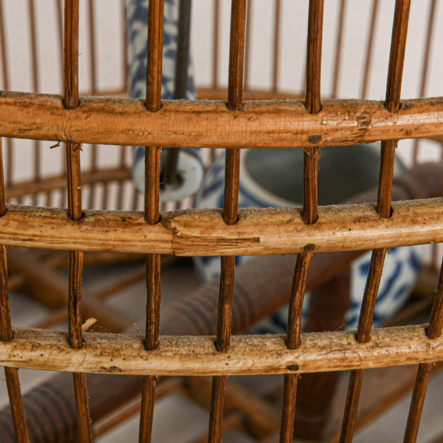 Maitland-Smith Style Rattan Birdcage with Blue and White Porcelain Accents-3
