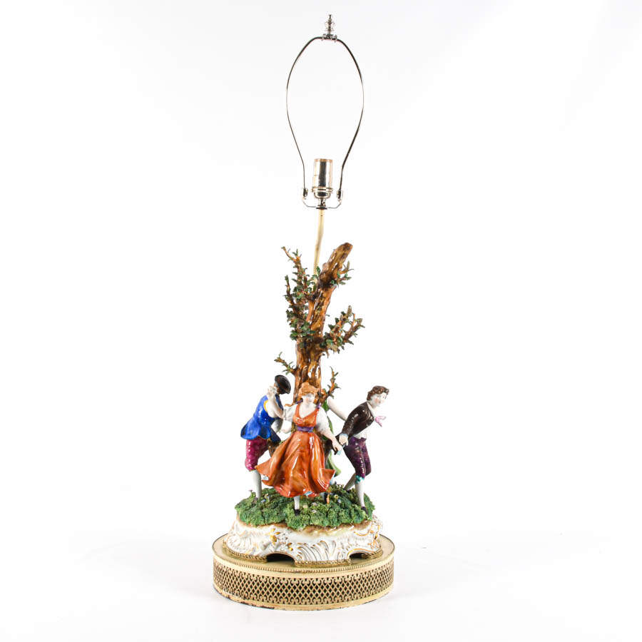 Antique German Porcelain "Ring Around the Rosie" Lamp-1