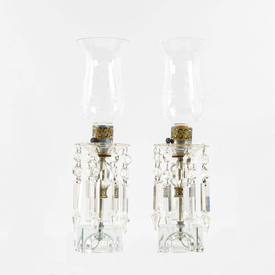 Pair of Crystal and Prism Hurricane Table Lamps-2