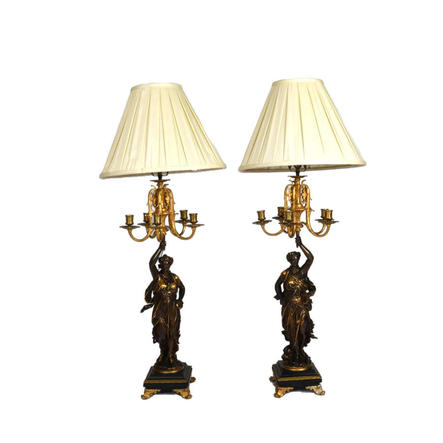 Pair of French Bronze Figural Candelabras Table Lamps-1