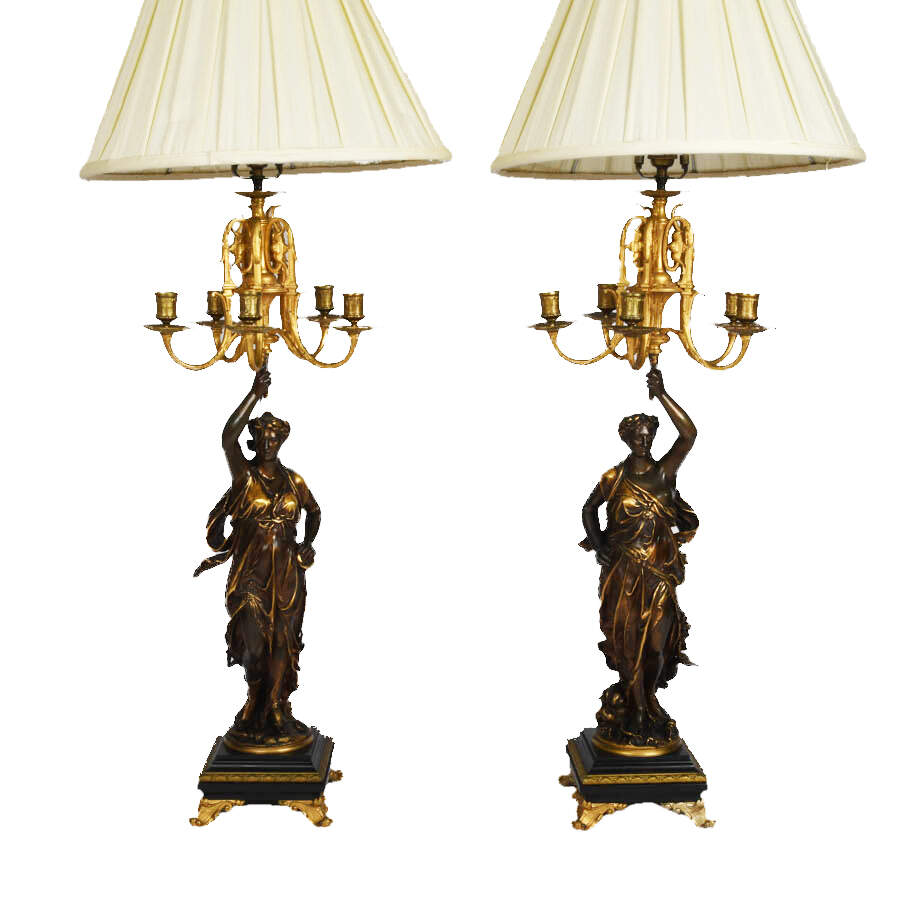 Pair of French Bronze Figural Candelabras Table Lamps-2