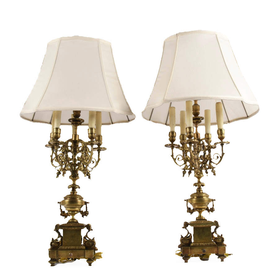 Antique Pair of Ornate Bronze and Brass Candelabra Lamps-4