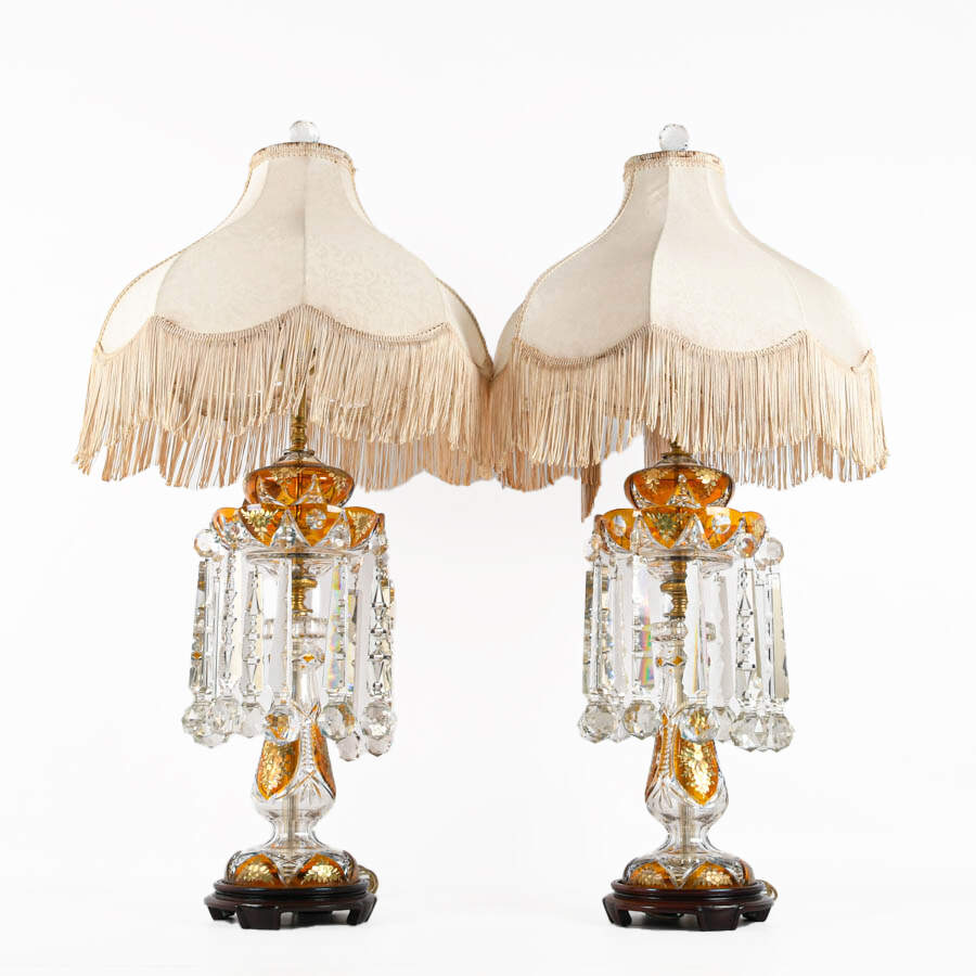 Antique Pair of Bohemian Glass Luster Table Lamps with Shades-7