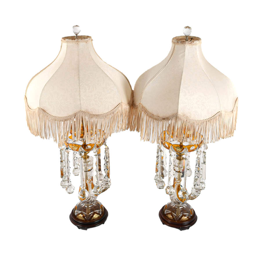Antique Pair of Bohemian Glass Luster Table Lamps with Shades-4