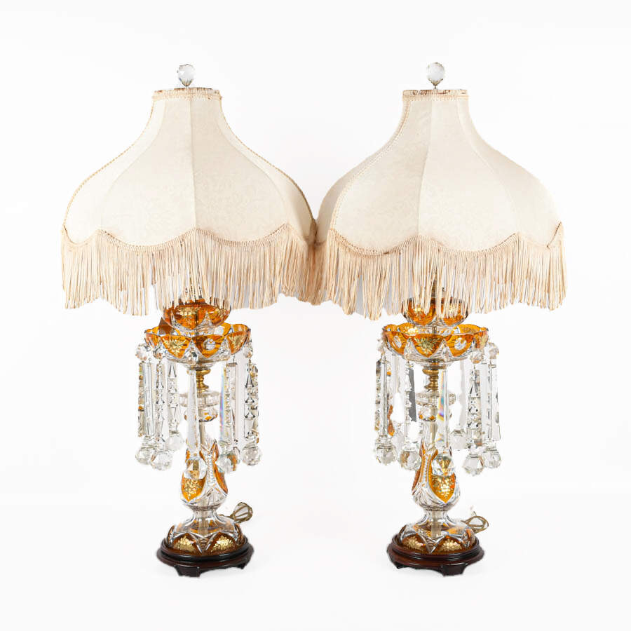 Antique Pair of Bohemian Glass Luster Table Lamps with Shades-1