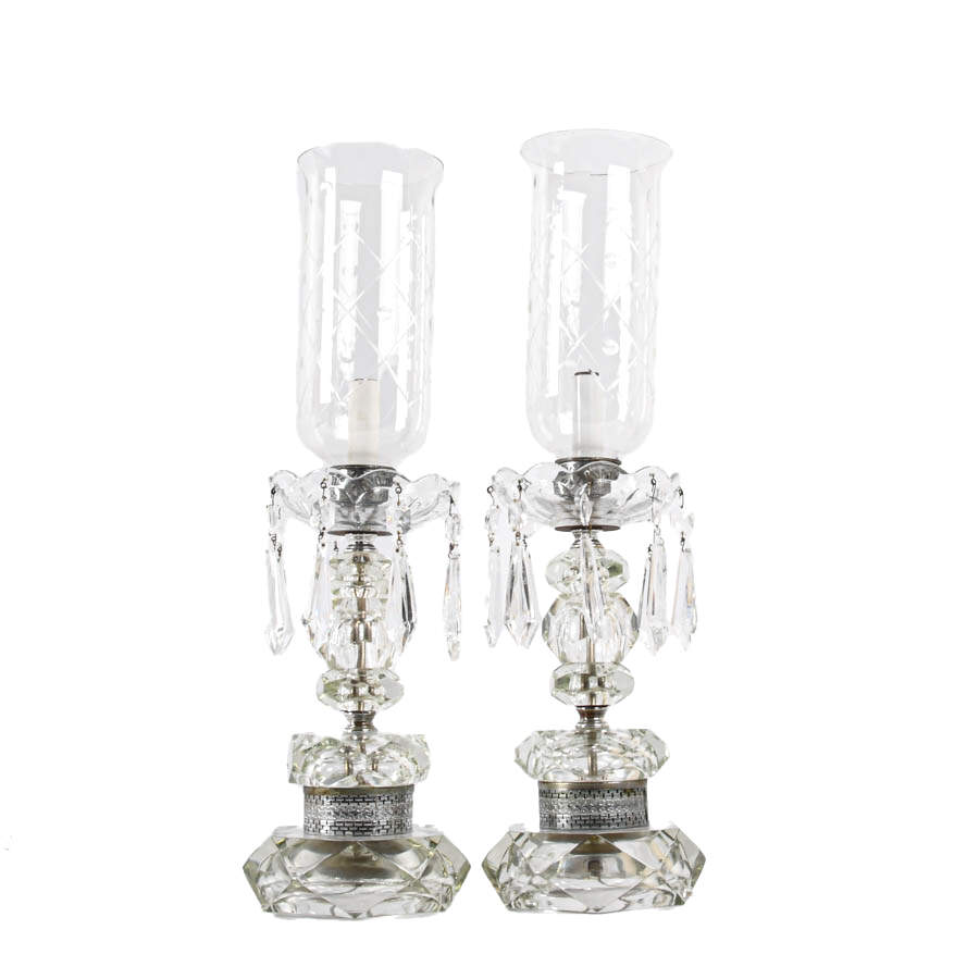 Pair of Crystal and Prism Hurricane Table Lamps-1