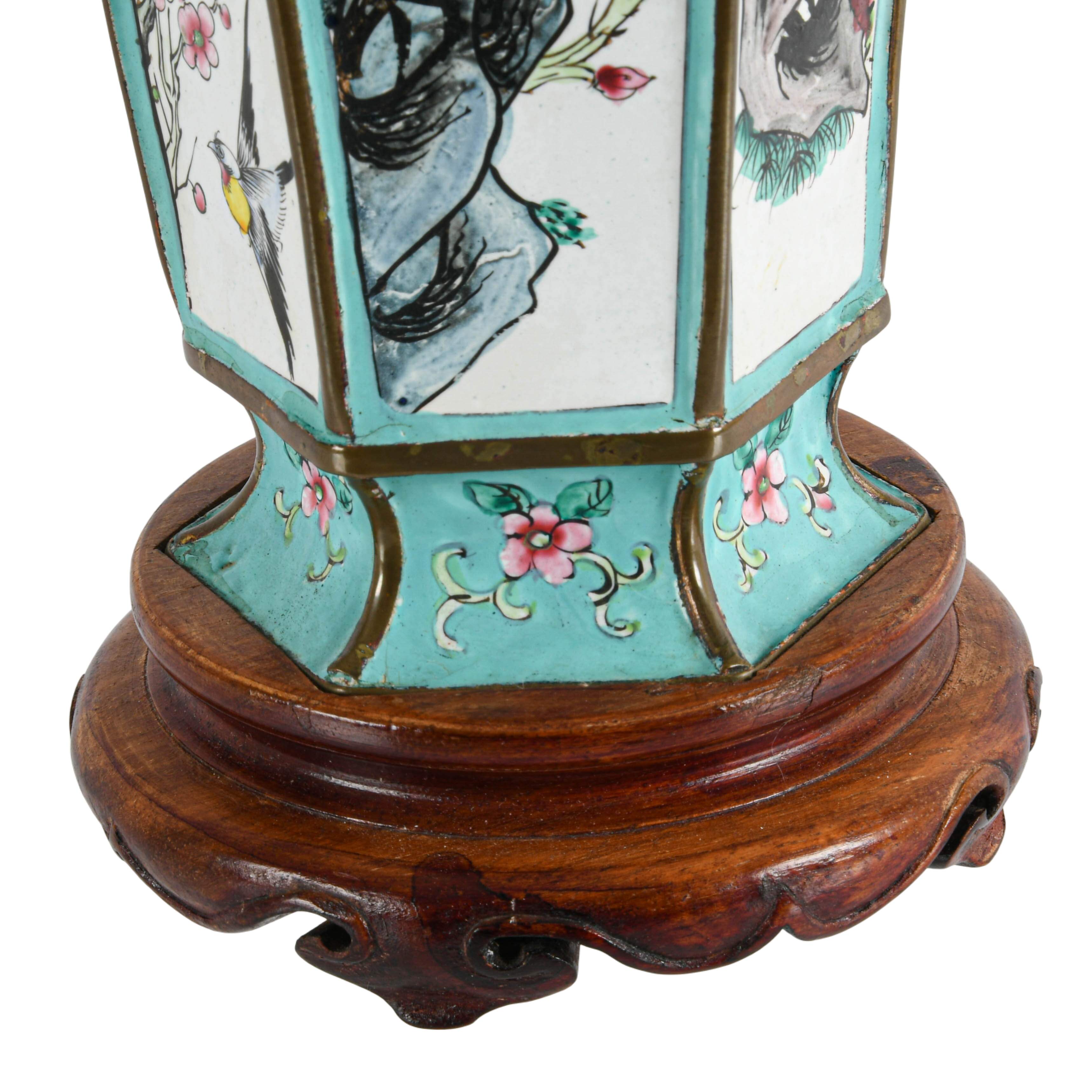 Chinese Hexagon Floral Enamel Lamp-5