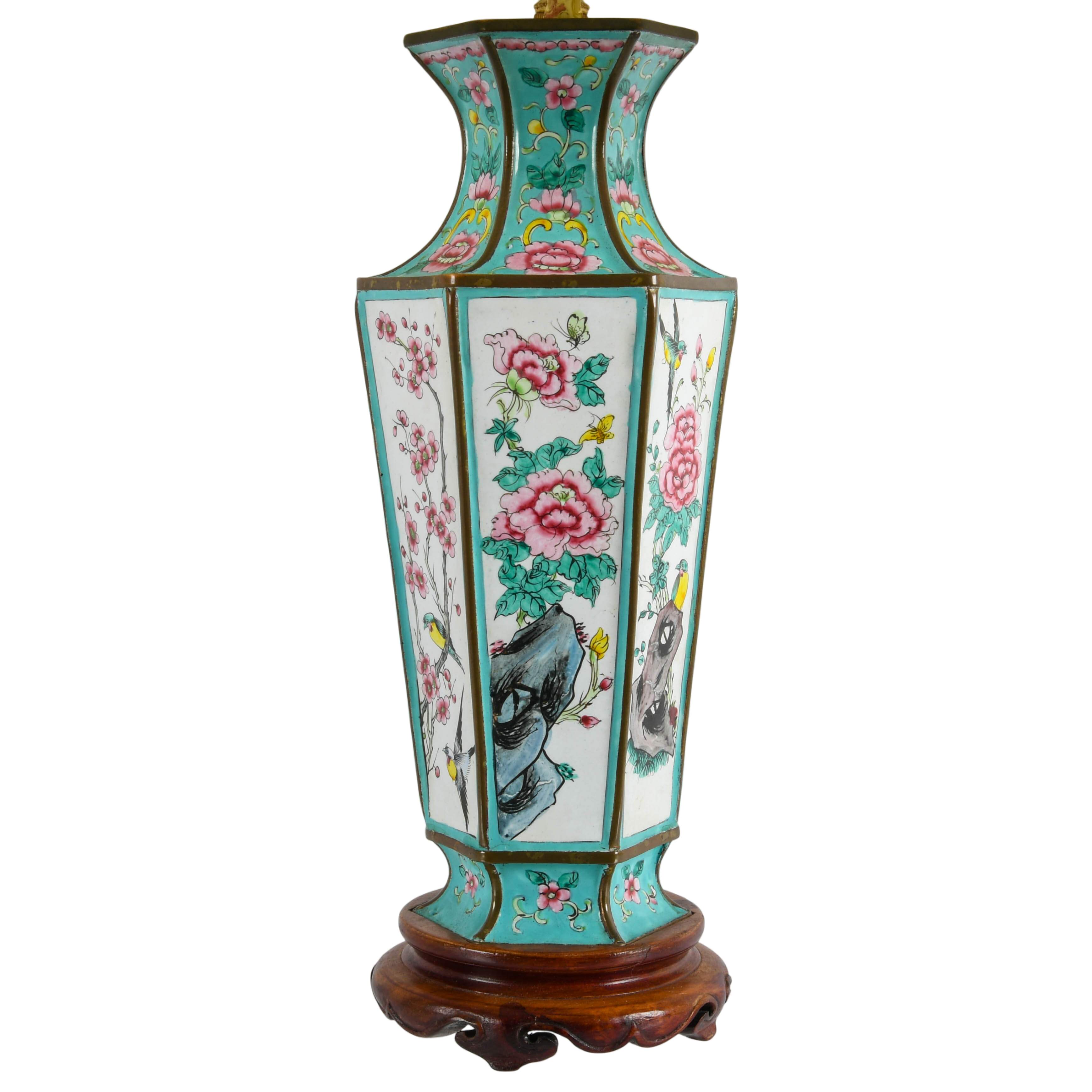 Chinese Hexagon Floral Enamel Lamp-4