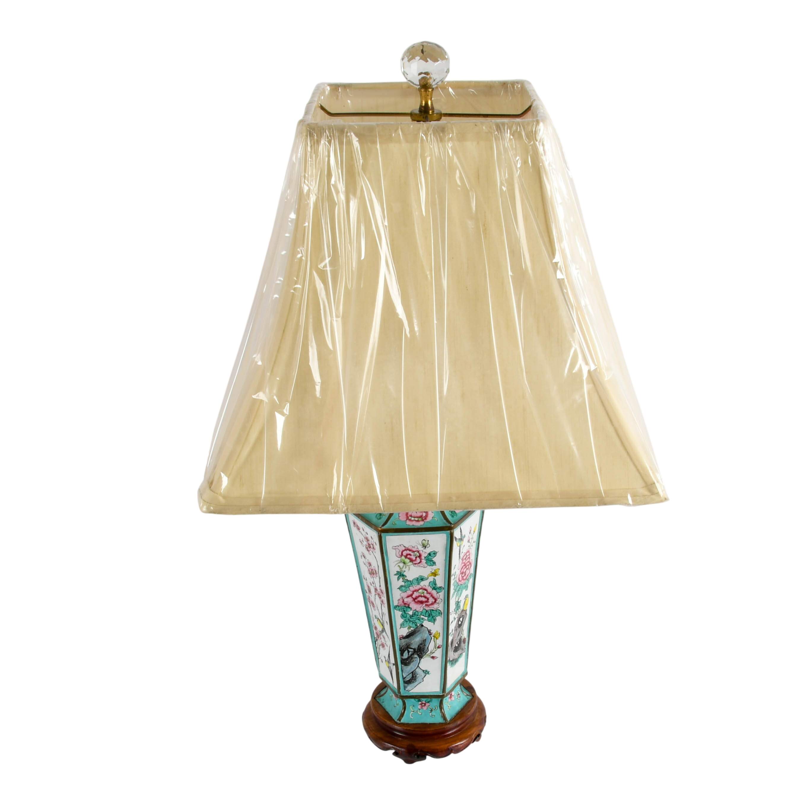Chinese Hexagon Floral Enamel Lamp-3