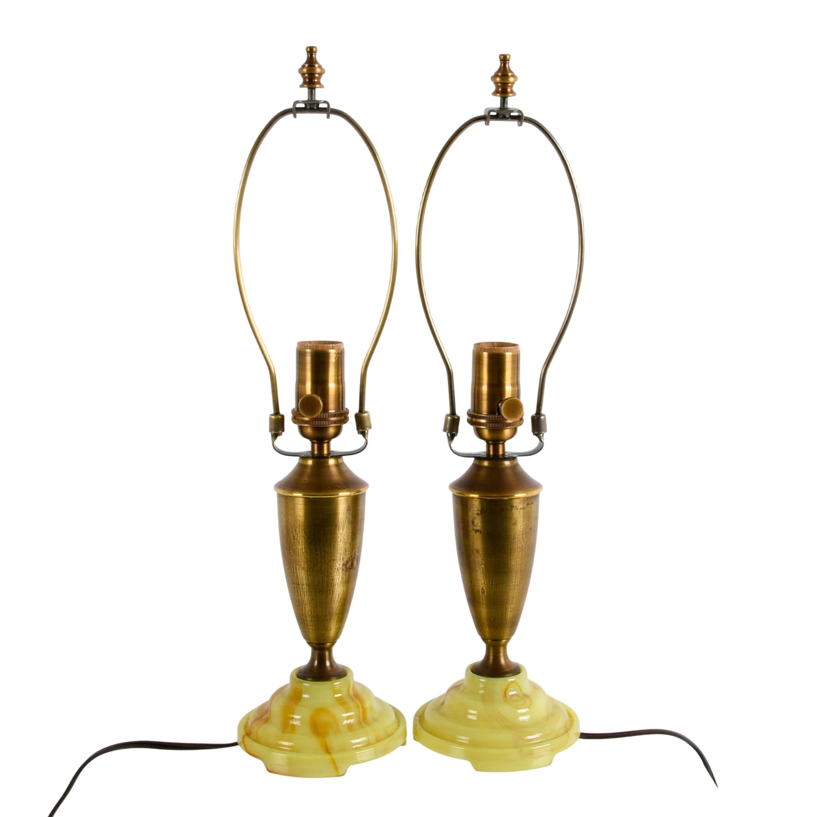 Pair of Art Deco Metal and Agate Glass Boudoir Lamps-1