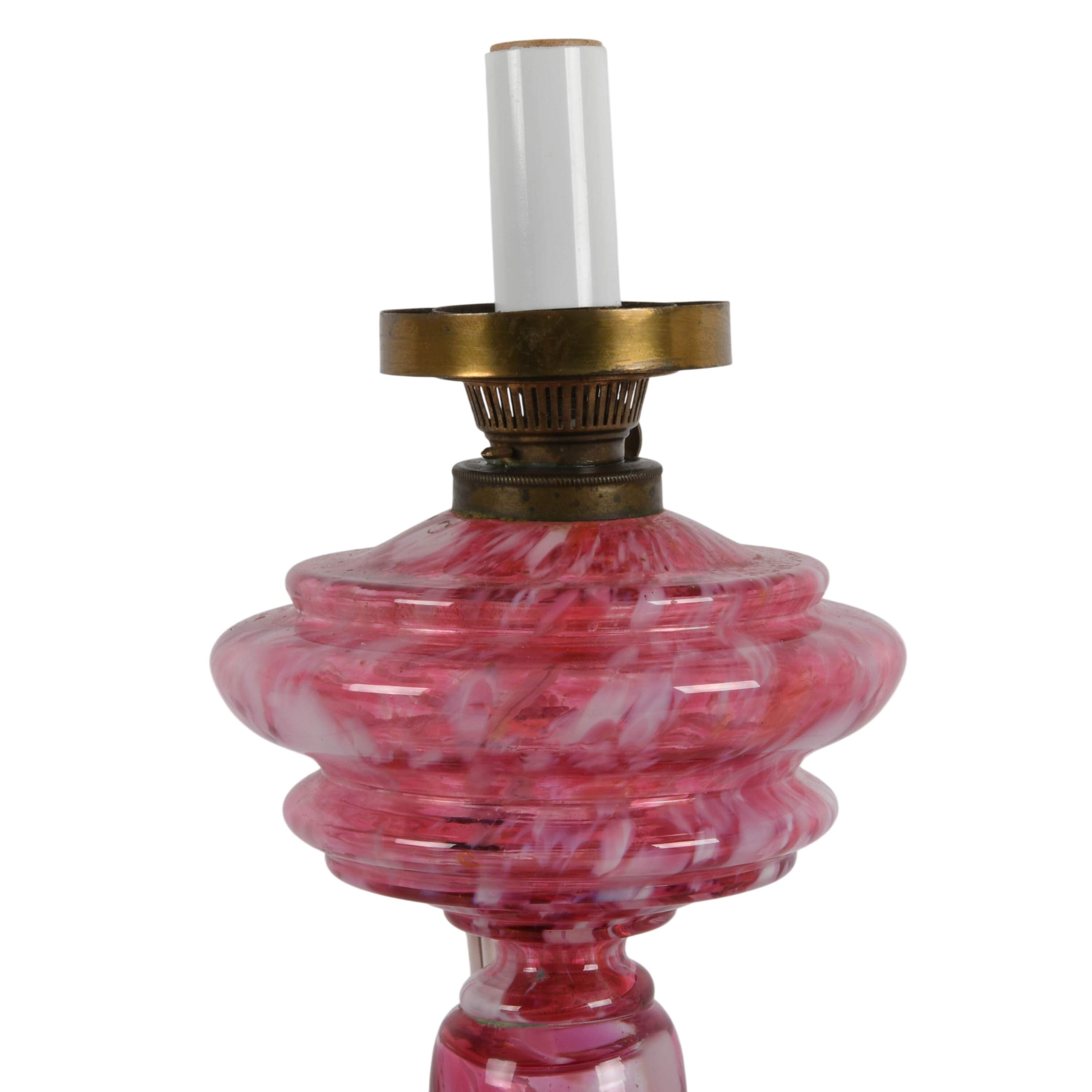 Antique Spatter Glass Pink and White Converted Oil Lamp-3