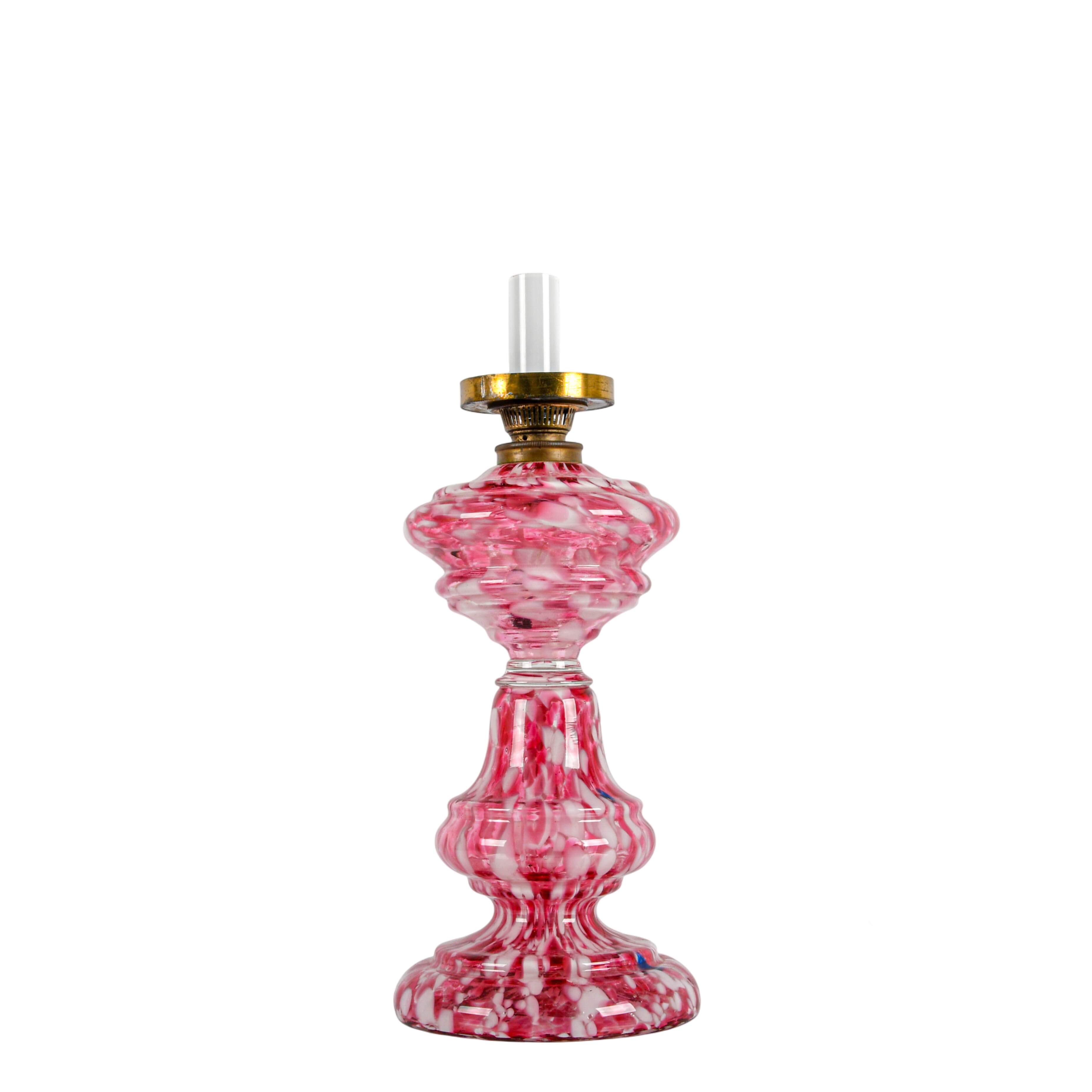 Antique Pink Spatter Glass Converted Oil Lamp-2