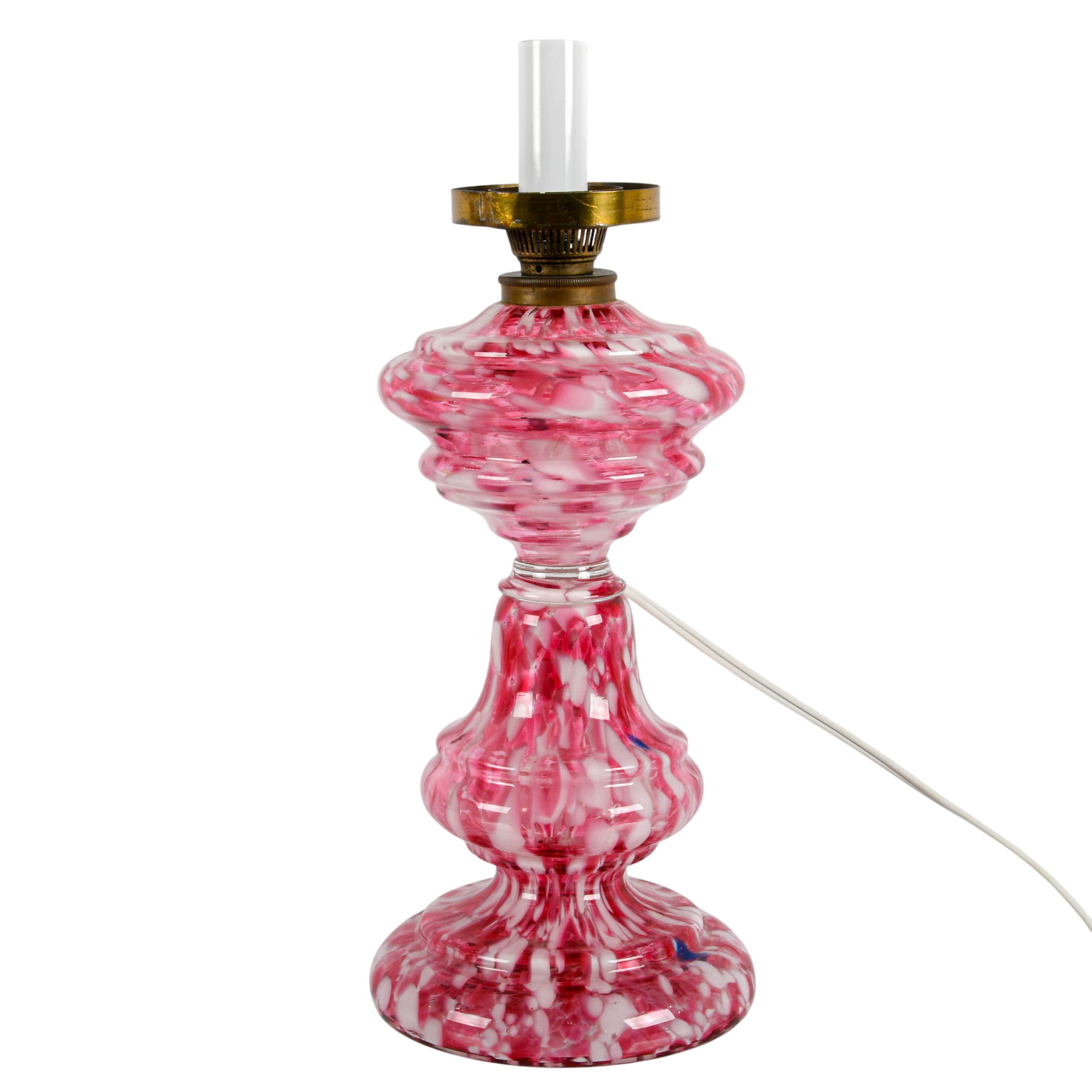 Antique Pink Spatter Glass Converted Oil Lamp-1