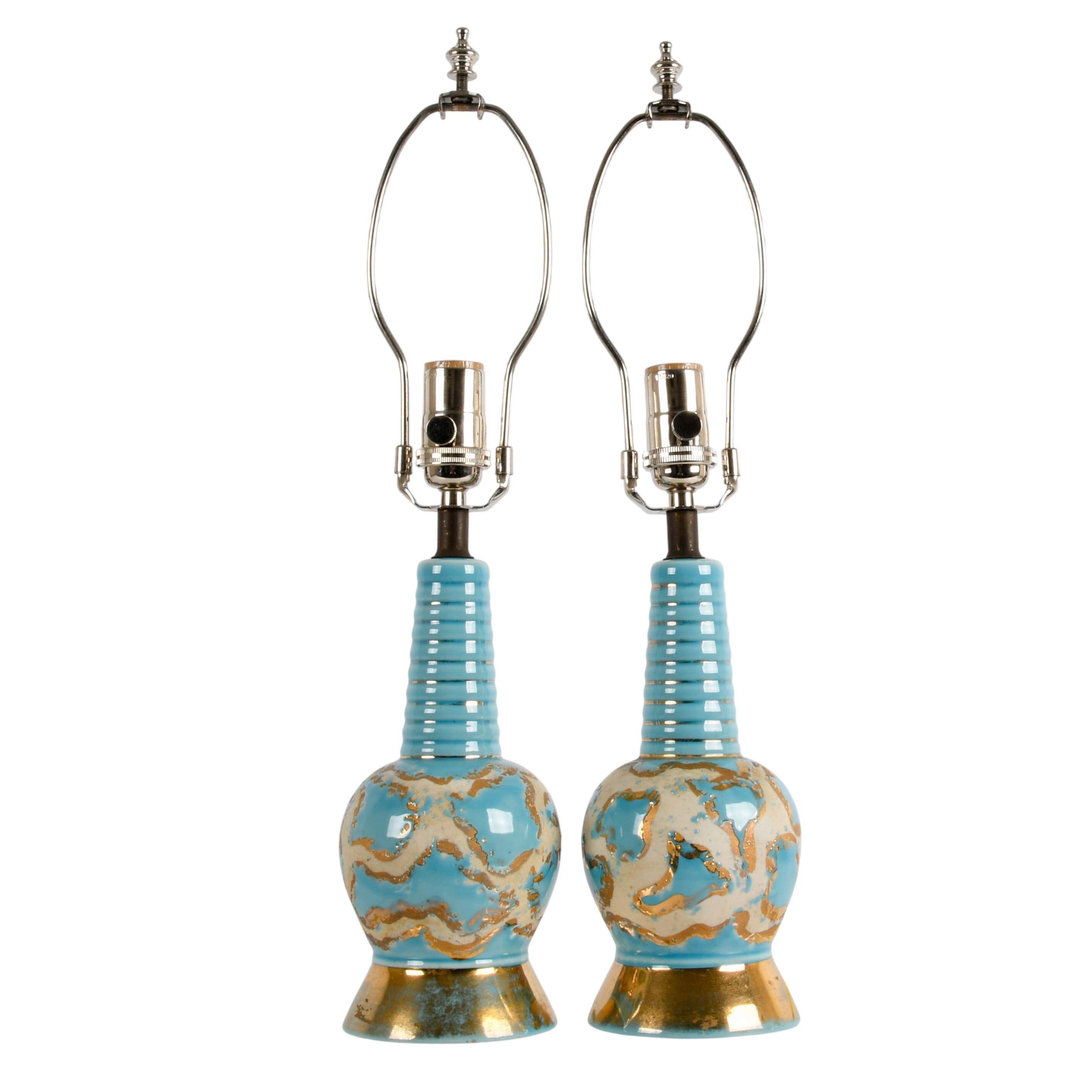 Pair of Blue Hollywood Regency Table Lamps-2