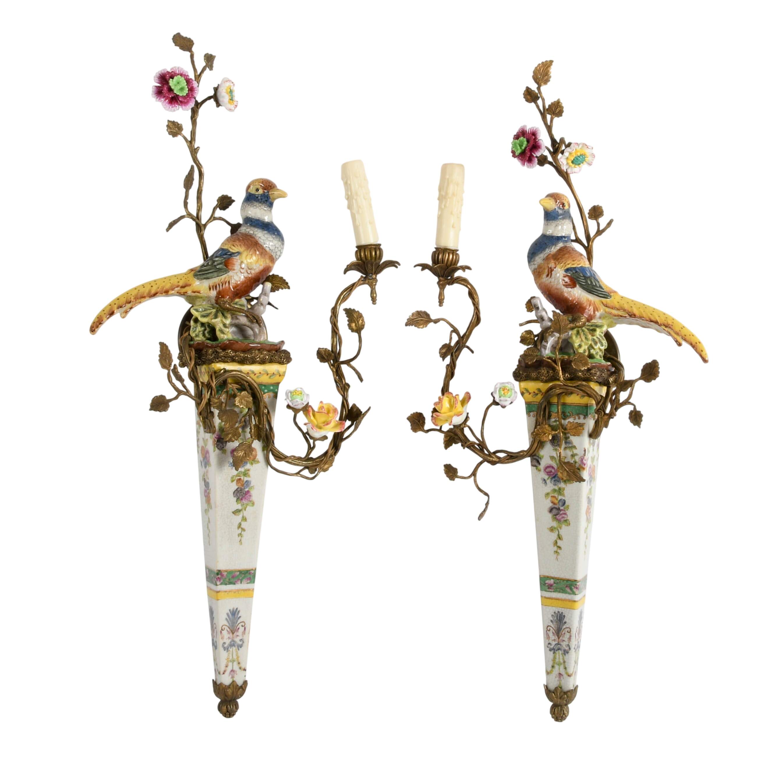 Matched Pair of Porcelain and Gilt Castilian Bird Wall Sconces-1