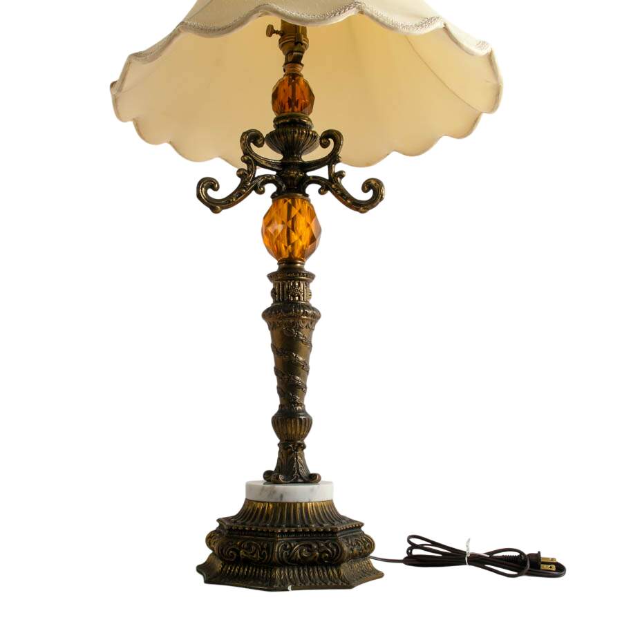 Antique Pair of Hollywood Regency Brass and Marble Table Lamps-4