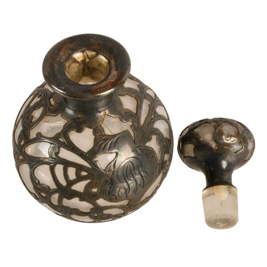 Art Nouveau Sterling Silver Overlay Glass Perfume Bottle-5