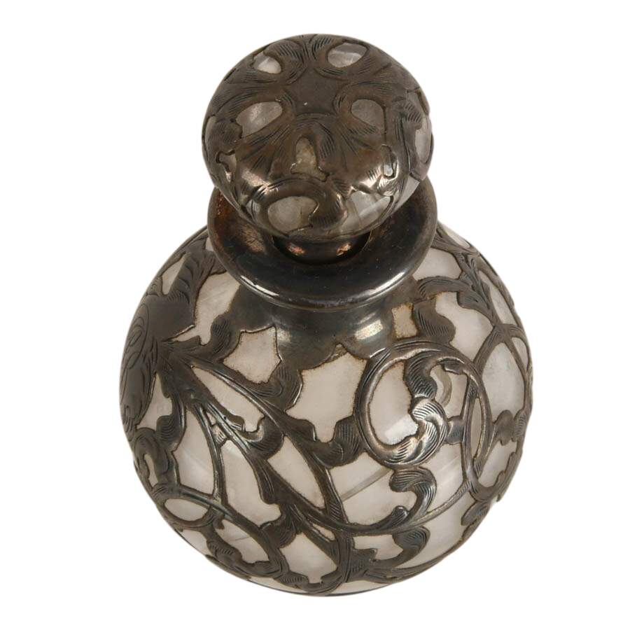 Art Nouveau Sterling Silver Overlay Glass Perfume Bottle-2