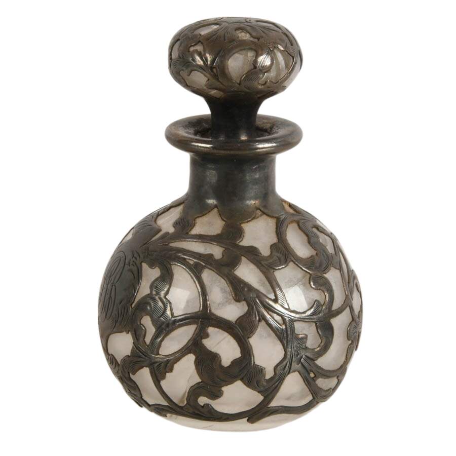 Art Nouveau Sterling Silver Overlay Glass Perfume Bottle-1