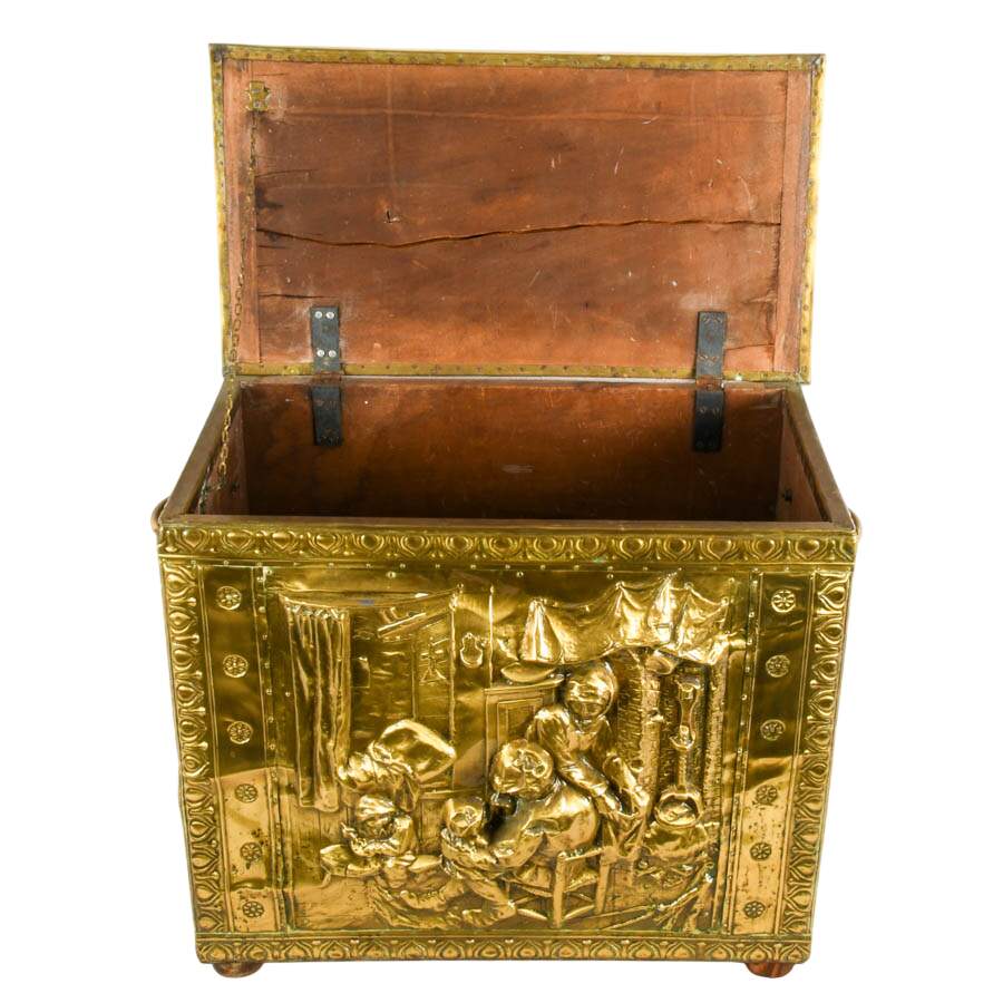 Victorian Repoussé Brass Fireplace Kindling Storage Box-6