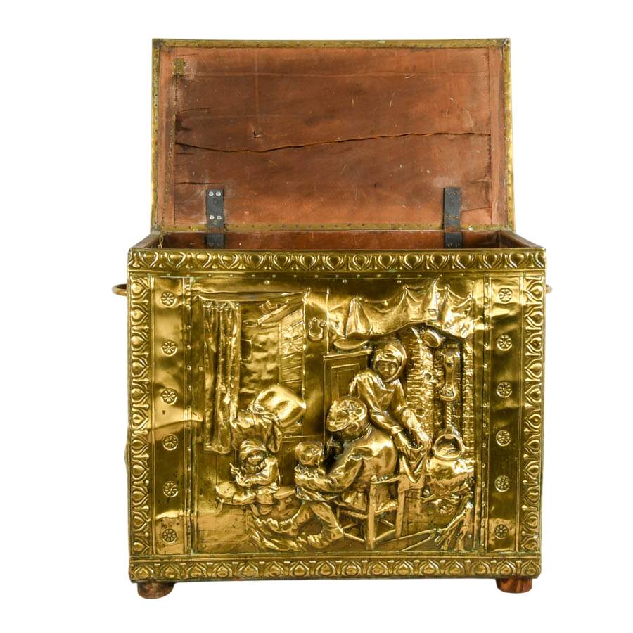 Victorian Repoussé Brass Fireplace Kindling Storage Box-5