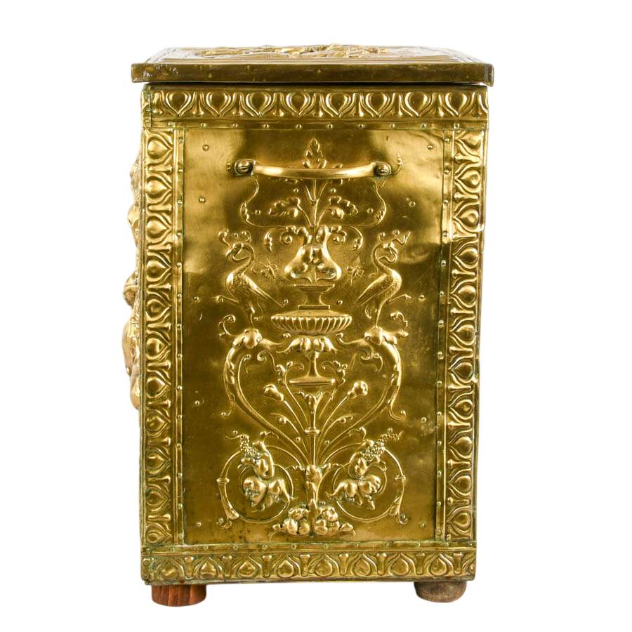 Victorian Repoussé Brass Fireplace Kindling Storage Box-4