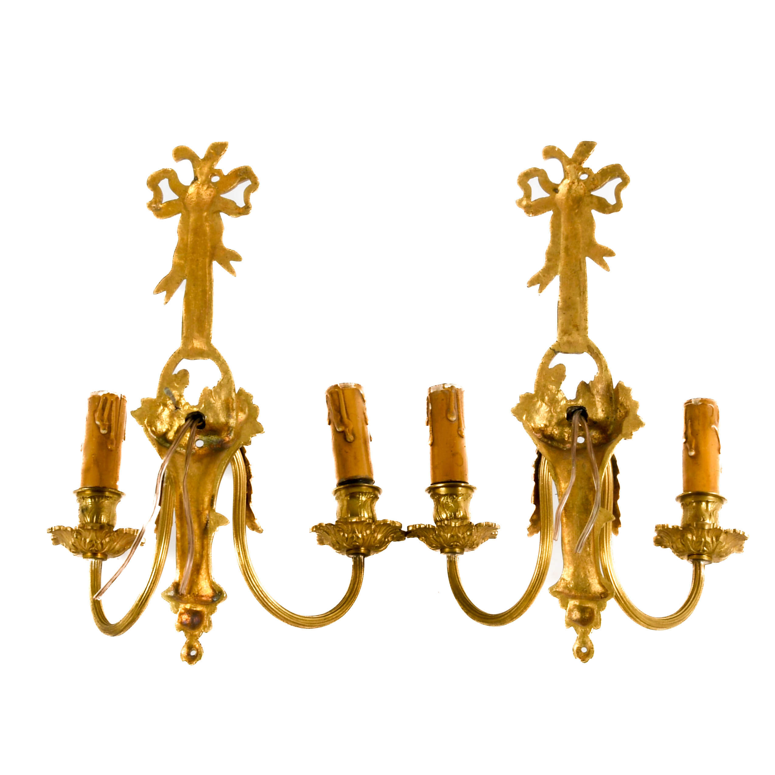 Antique Pair of French Brass Ribbon Form Wall Sconces-7
