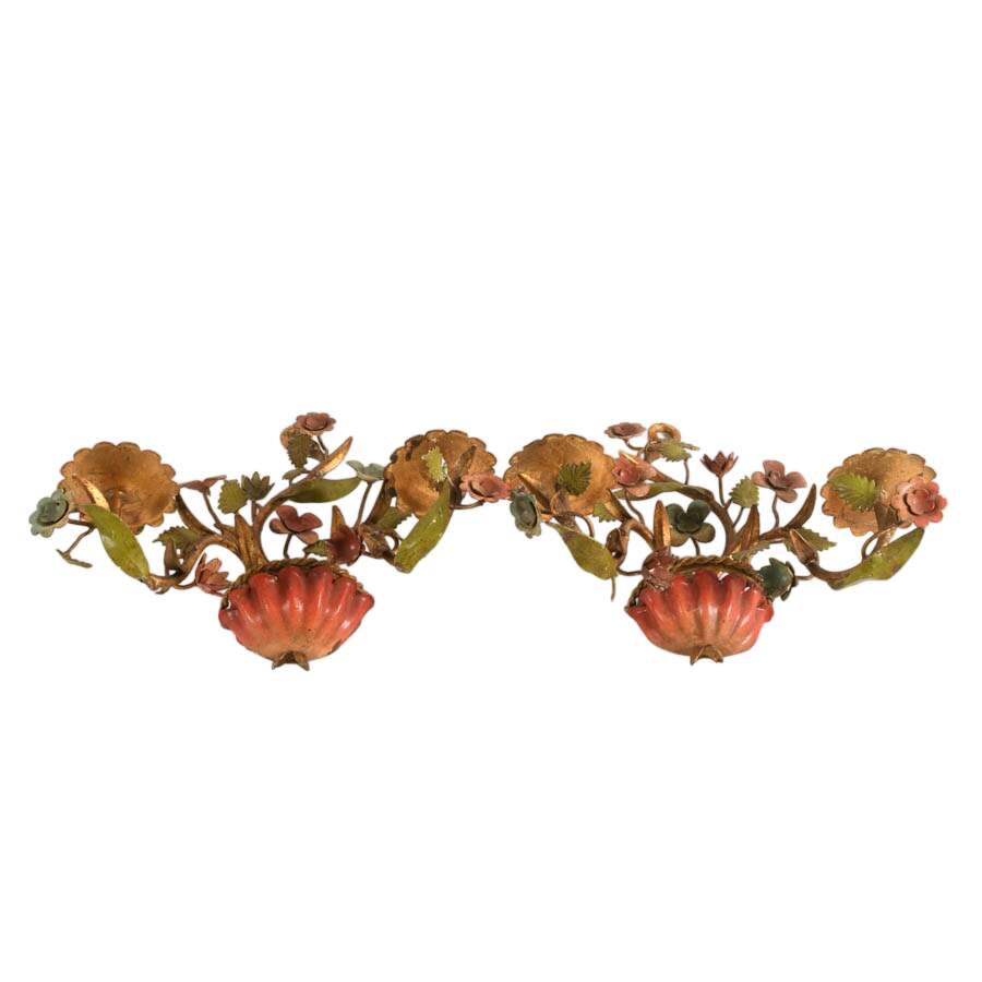 Antique Pair of French Tôle Peinte Floral Wall Sconces-10