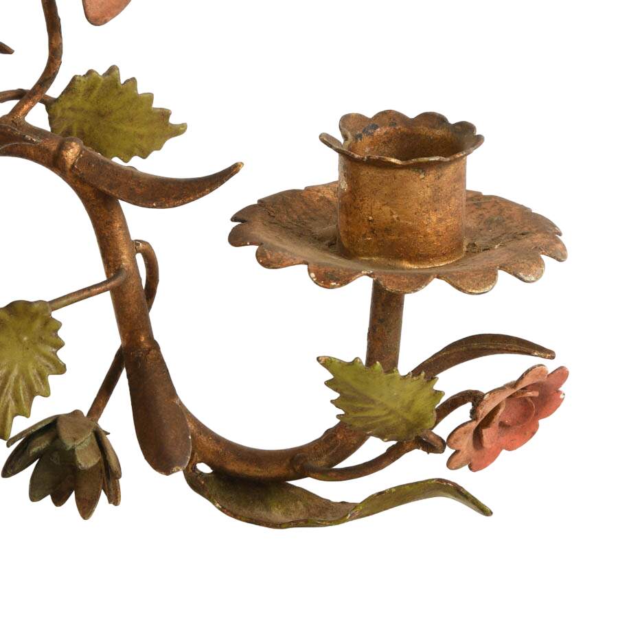 Antique Pair of French Tôle Peinte Floral Wall Sconces-9