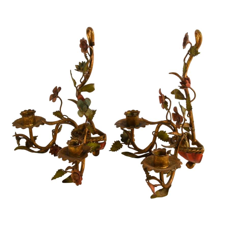 Antique Pair of French Tôle Peinte Floral Wall Sconces-2