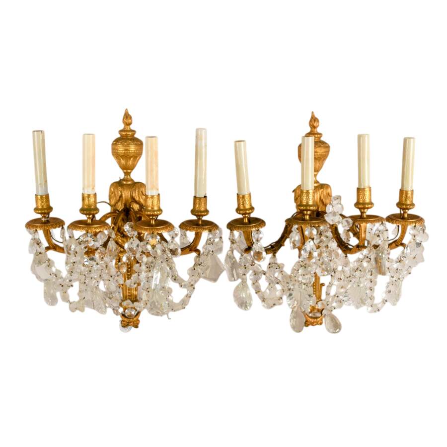 Pair of Gilt Cast Metal Four-Light Candelabra Wall Sconces-2