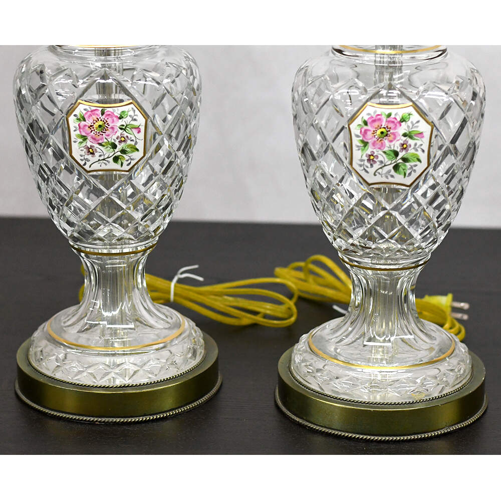 Bohemian Hand-Painted Enameled Rose Medallion Detail Cut Crystal Lamps-4