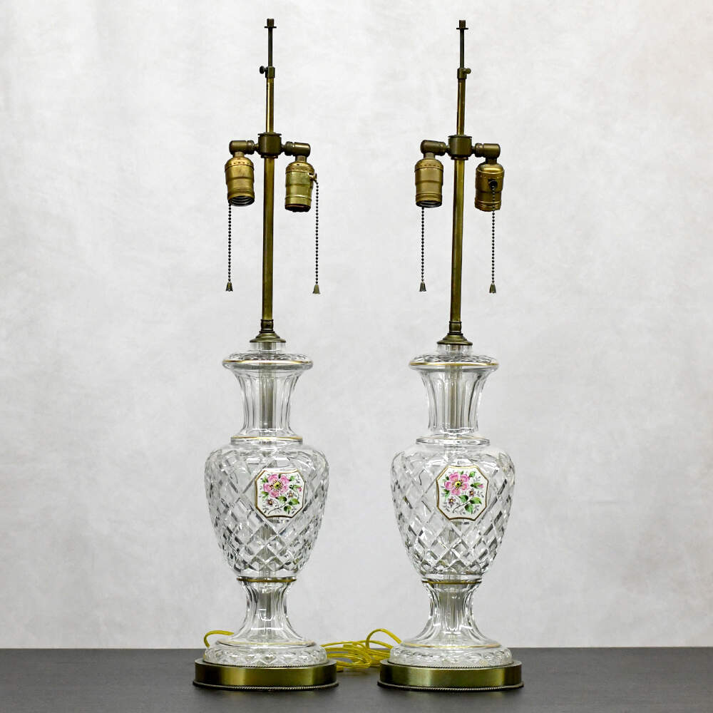 Bohemian Hand-Painted Enameled Rose Medallion Detail Cut Crystal Lamps-1