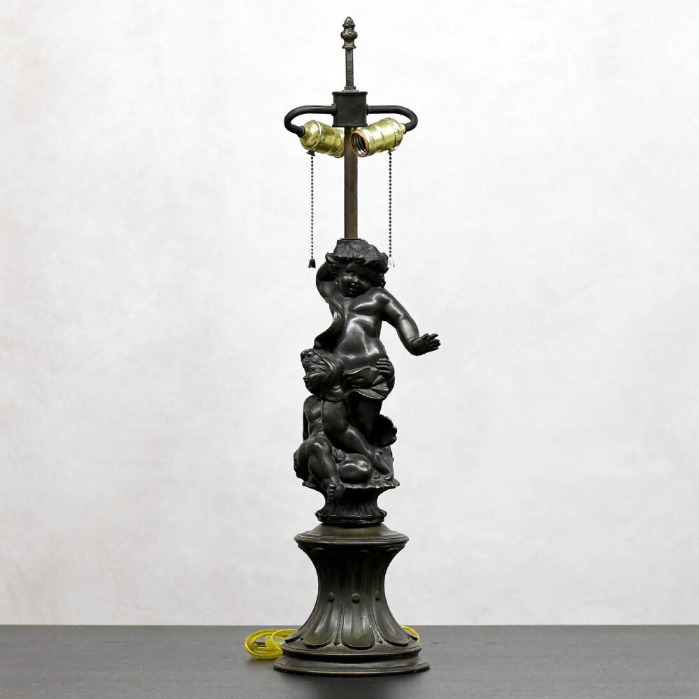 Antique Dark Patinaed Two Brothers Converted Oil Lamp without Shade-1