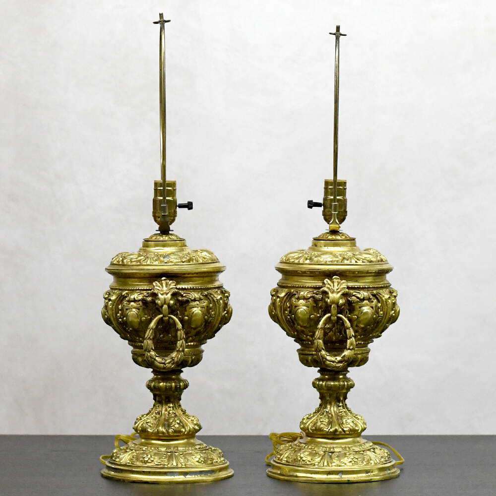 Neoclassical Ornate Ram Head Gold Table Lamps-3