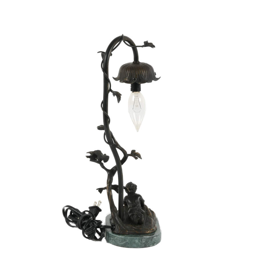 Bronze Reading Youth Floral Lamp on Marble Base-3