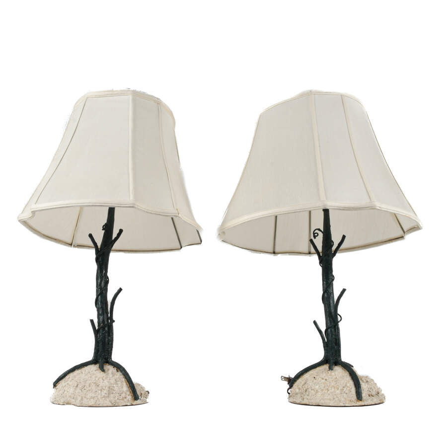 Pair of Concrete and Metal Branch Table Lamps with Matching Shades-4