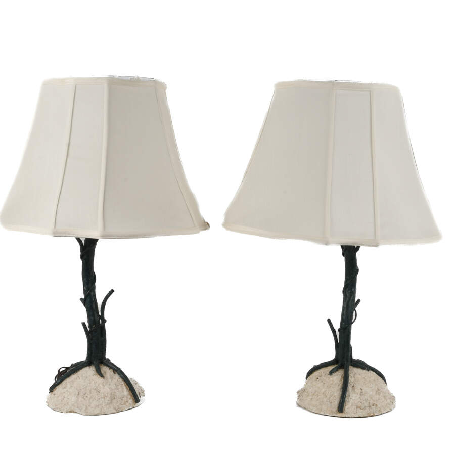 Pair of Concrete and Metal Branch Table Lamps with Matching Shades-1