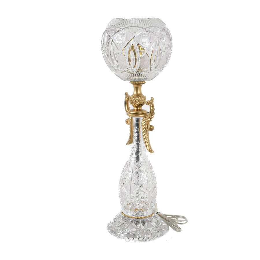 Antique Cut Crystal Banquet Lamp with Brass Mounts-3