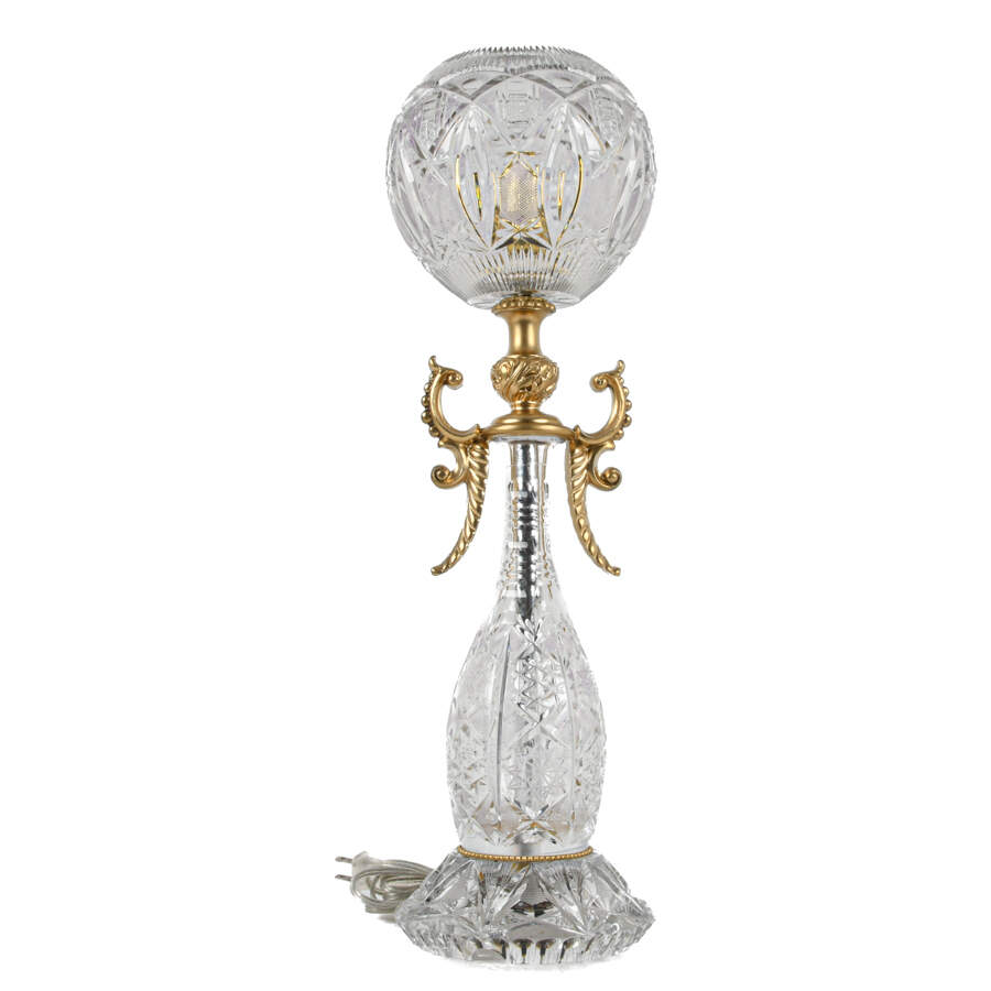Antique Cut Crystal Banquet Lamp with Brass Mounts-2