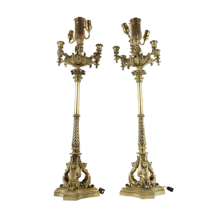 Antique Pair of Bronze Neo-Gothic Candelabra Lamps with Sphinx and Satyrs-3