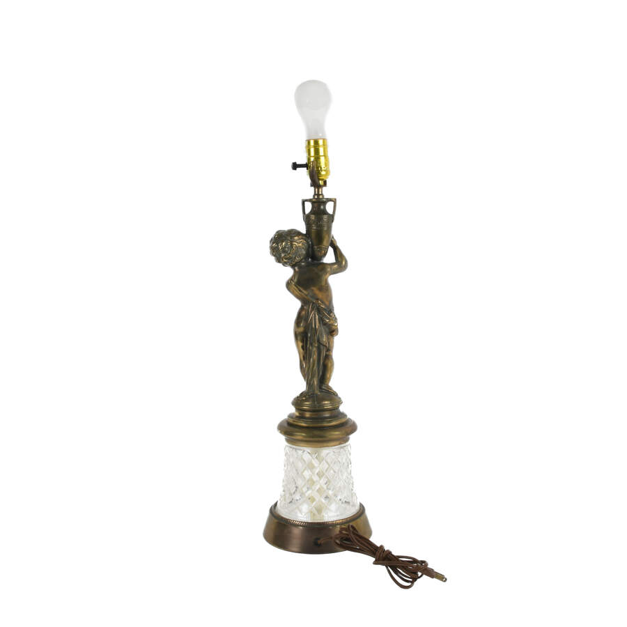 Cast Metal Cherub and Crystal Lamp-3