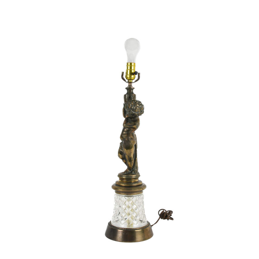 Cast Metal Cherub and Crystal Lamp-2